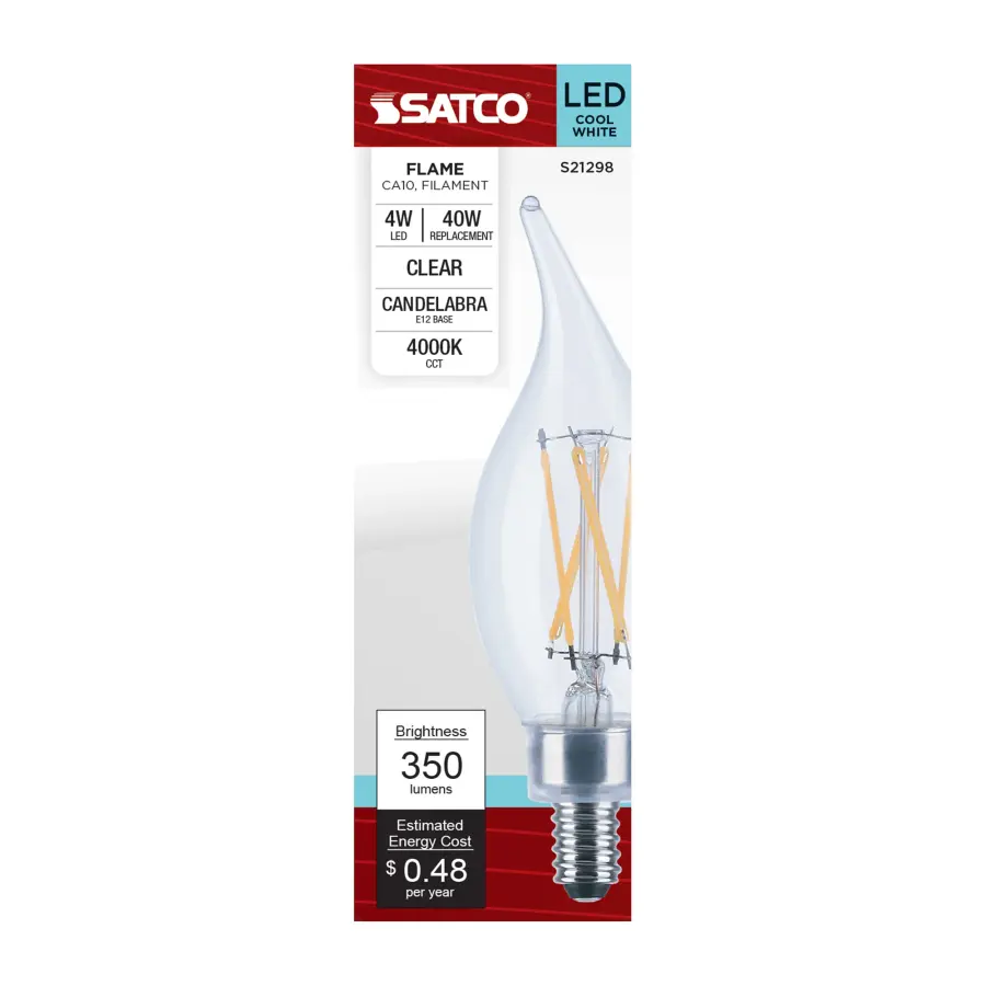 4 Watt CA10 LED Filament - Clear - Candelabra base - 90 CRI - 4000K - 120 Volt - Image 4