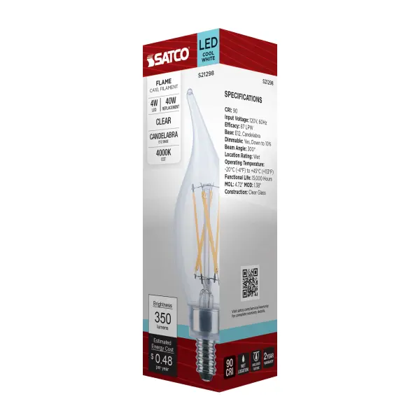 4 Watt CA10 LED Filament - Clear - Candelabra base - 90 CRI - 4000K - 120 Volt - Image 8