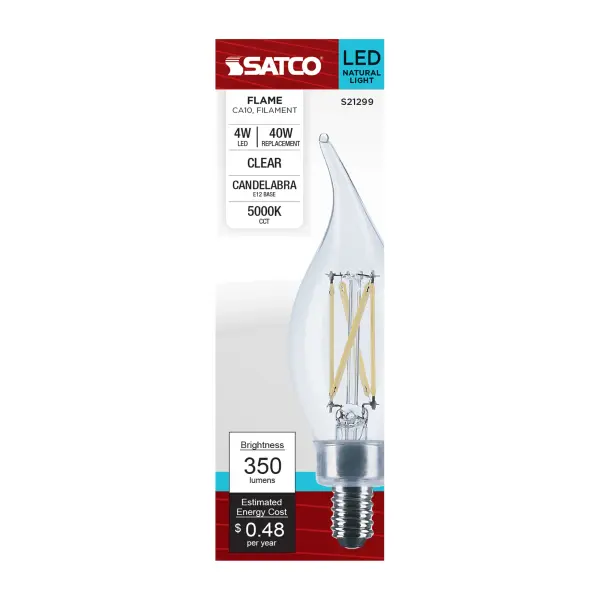 4 Watt CA10 LED Filament - Clear - Candelabra base - 90 CRI - 5000K - 120 Volt - Image 4