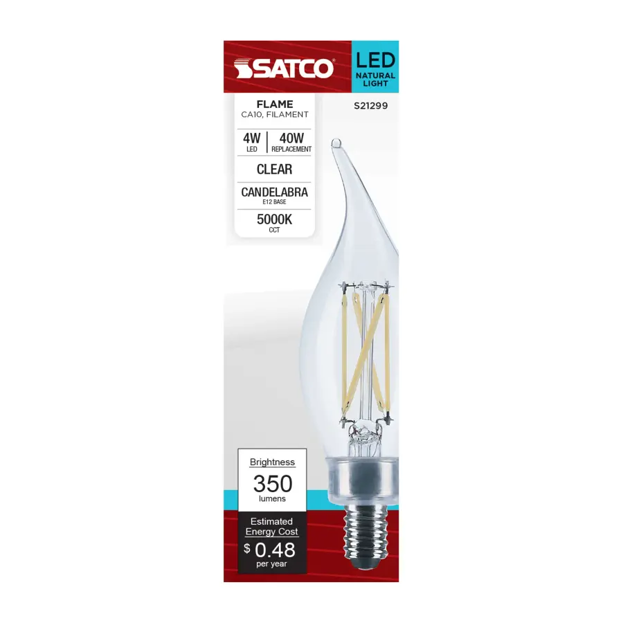 4 Watt CA10 LED Filament - Clear - Candelabra base - 90 CRI - 5000K - 120 Volt - Image 4