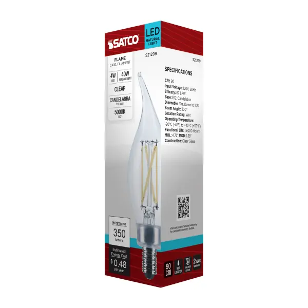4 Watt CA10 LED Filament - Clear - Candelabra base - 90 CRI - 5000K - 120 Volt - Image 8