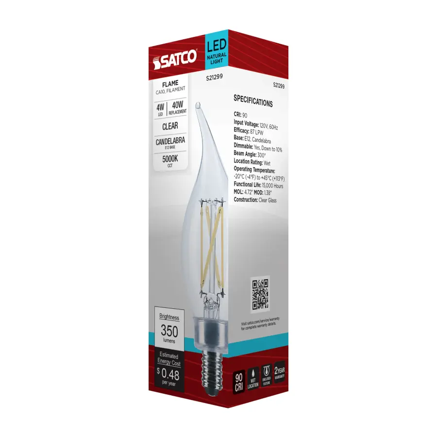 4 Watt CA10 LED Filament - Clear - Candelabra base - 90 CRI - 5000K - 120 Volt - Image 8