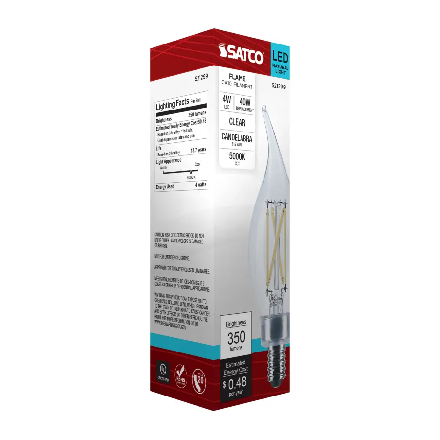 4 Watt CA10 LED Filament - Clear - Candelabra base - 90 CRI - 5000K - 120 Volt - Image 9