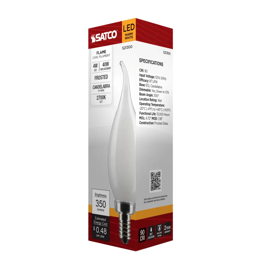 4 Watt CA10 LED Filament - Frost - Candelabra base - 90 CRI - 2700K - 120 Volt - Image 8