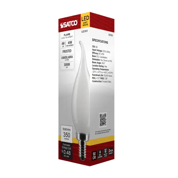 4 Watt CA10 LED Filament - Frost - Candelabra base - 90 CRI - 3000K - 120 Volt - Image 8