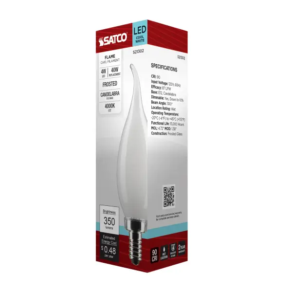 4 Watt CA10 LED Filament - Frost - Candelabra base - 90 CRI - 4000K - 120 Volt - Image 8