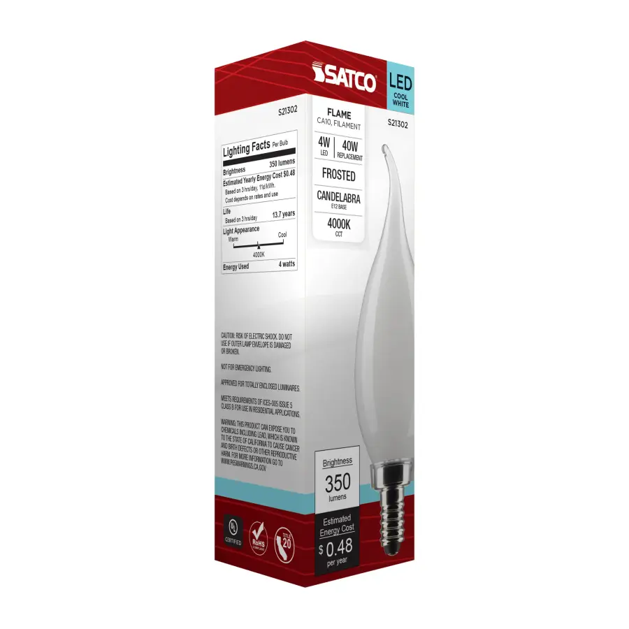 4 Watt CA10 LED Filament - Frost - Candelabra base - 90 CRI - 4000K - 120 Volt - Image 9