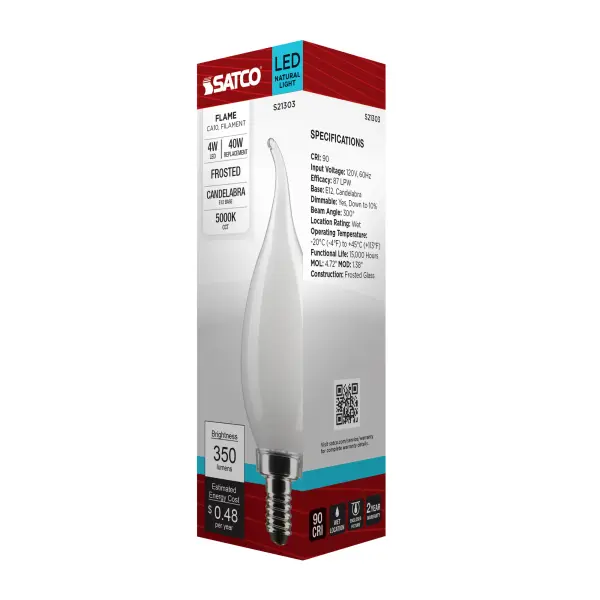 4 Watt CA10 LED Filament - Frost - Candelabra base - 90 CRI - 5000K - 120 Volt - Image 8