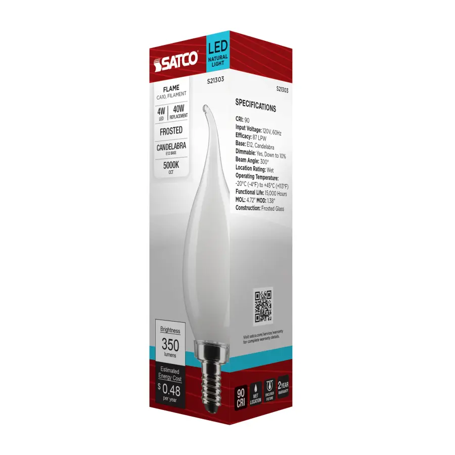 4 Watt CA10 LED Filament - Frost - Candelabra base - 90 CRI - 5000K - 120 Volt - Image 8