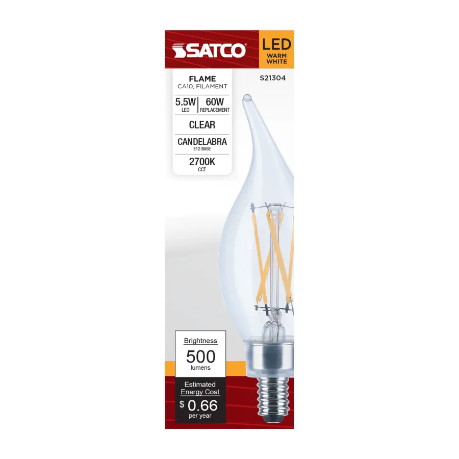 5.5 Watt CA10 LED Filament - Clear - Candelabra base - 90 CRI - 2700K - 120 Volt - Image 4