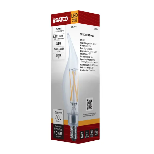 5.5 Watt CA10 LED Filament - Clear - Candelabra base - 90 CRI - 2700K - 120 Volt - Image 8