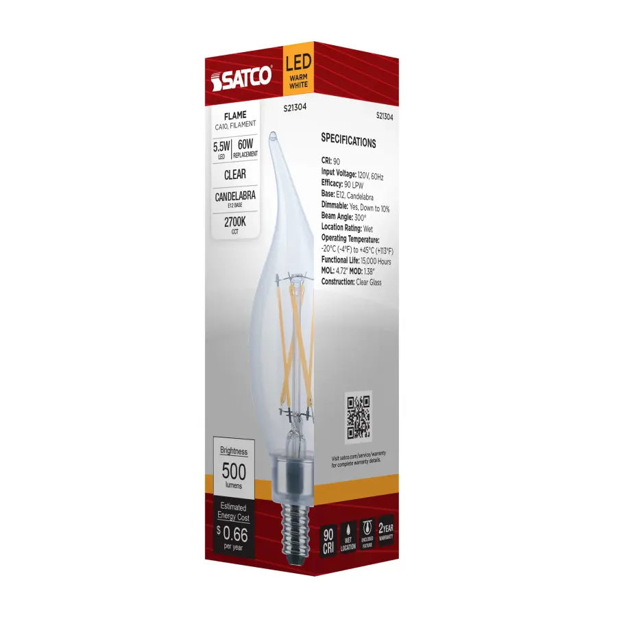 5.5 Watt CA10 LED Filament - Clear - Candelabra base - 90 CRI - 2700K - 120 Volt - Image 8