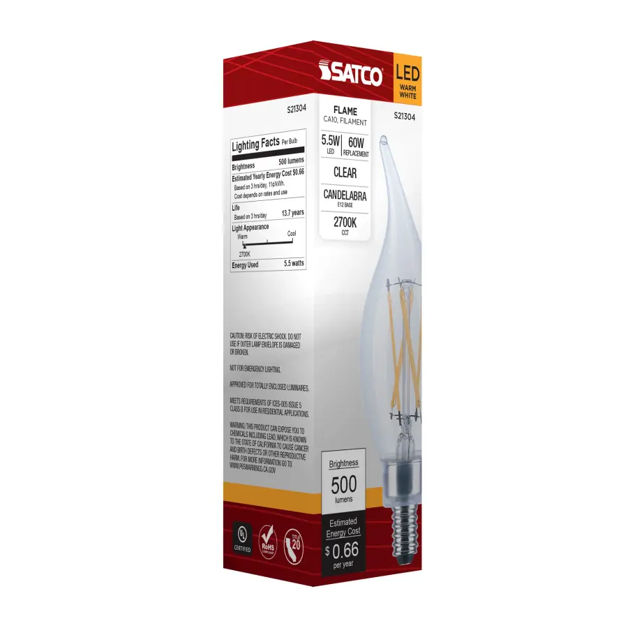 5.5 Watt CA10 LED Filament - Clear - Candelabra base - 90 CRI - 2700K - 120 Volt - Image 9