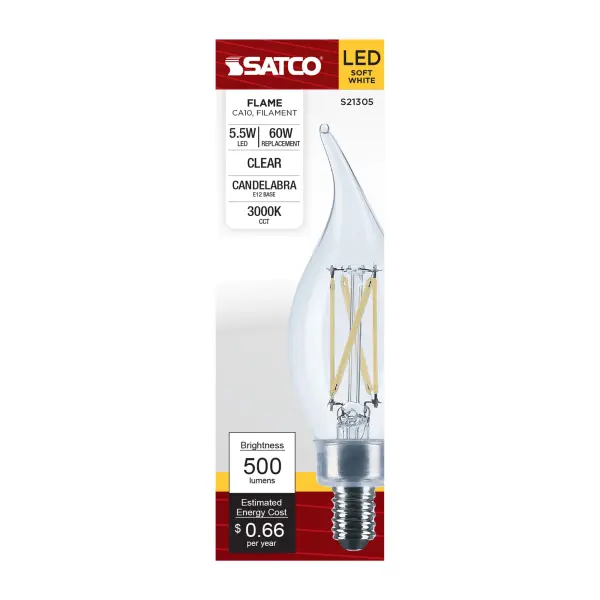 5.5 Watt CA10 LED Filament - Clear - Candelabra base - 90 CRI - 3000K - 120 Volt - Image 4