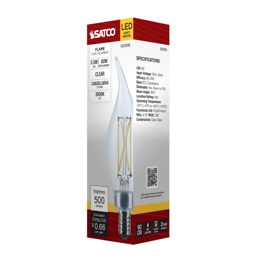 5.5 Watt CA10 LED Filament - Clear - Candelabra base - 90 CRI - 3000K - 120 Volt - Image 8