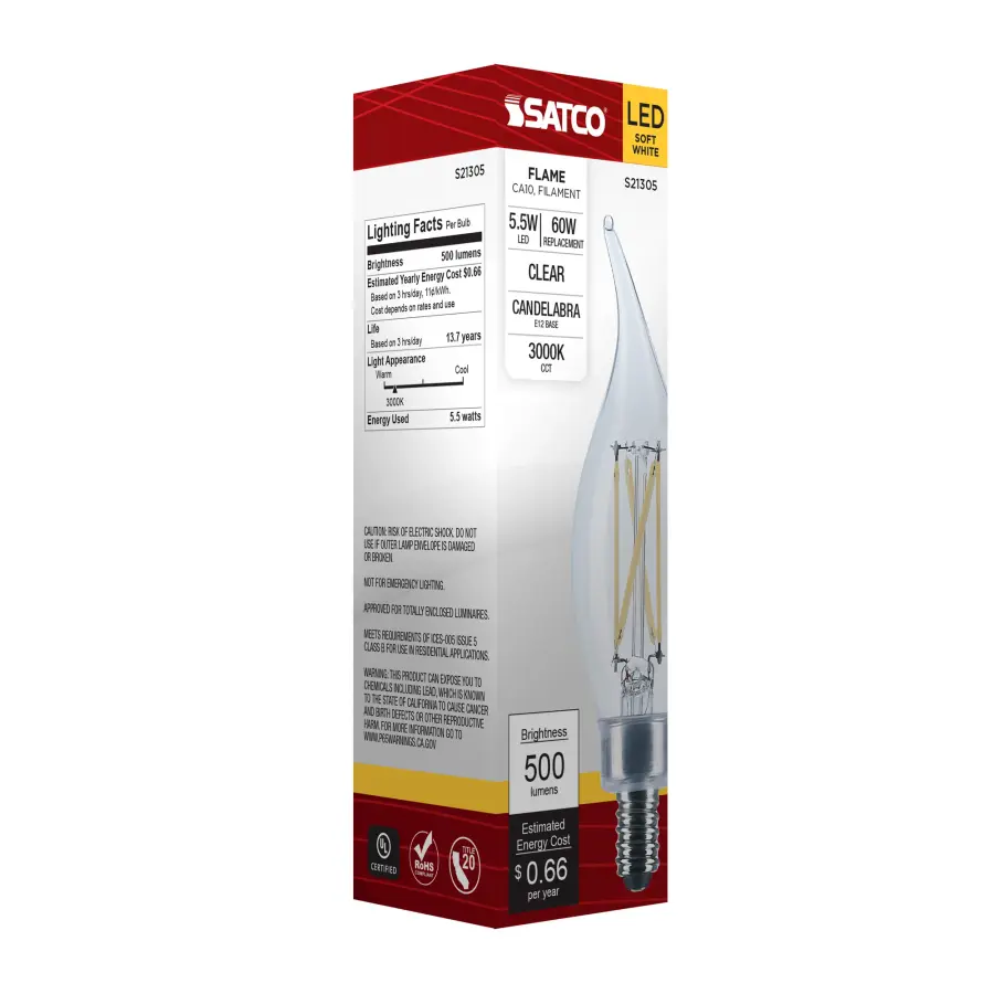 5.5 Watt CA10 LED Filament - Clear - Candelabra base - 90 CRI - 3000K - 120 Volt - Image 9