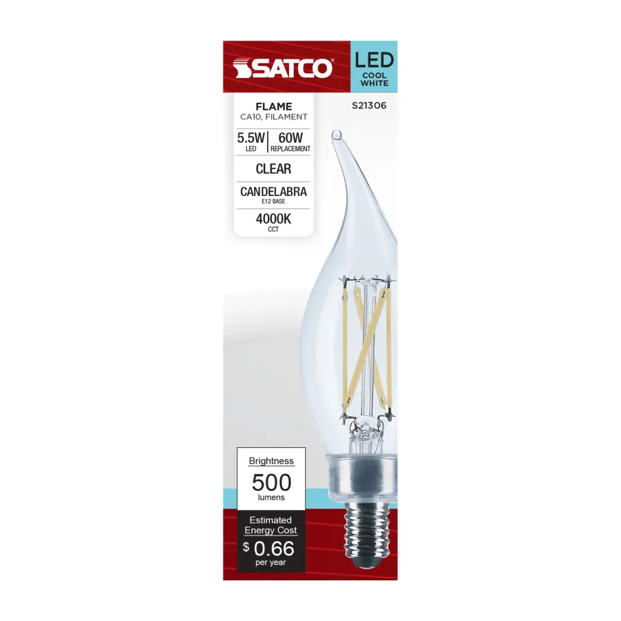 5.5 Watt CA10 LED Filament - Clear - Candelabra base - 90 CRI - 4000K - 120 Volt - Image 4