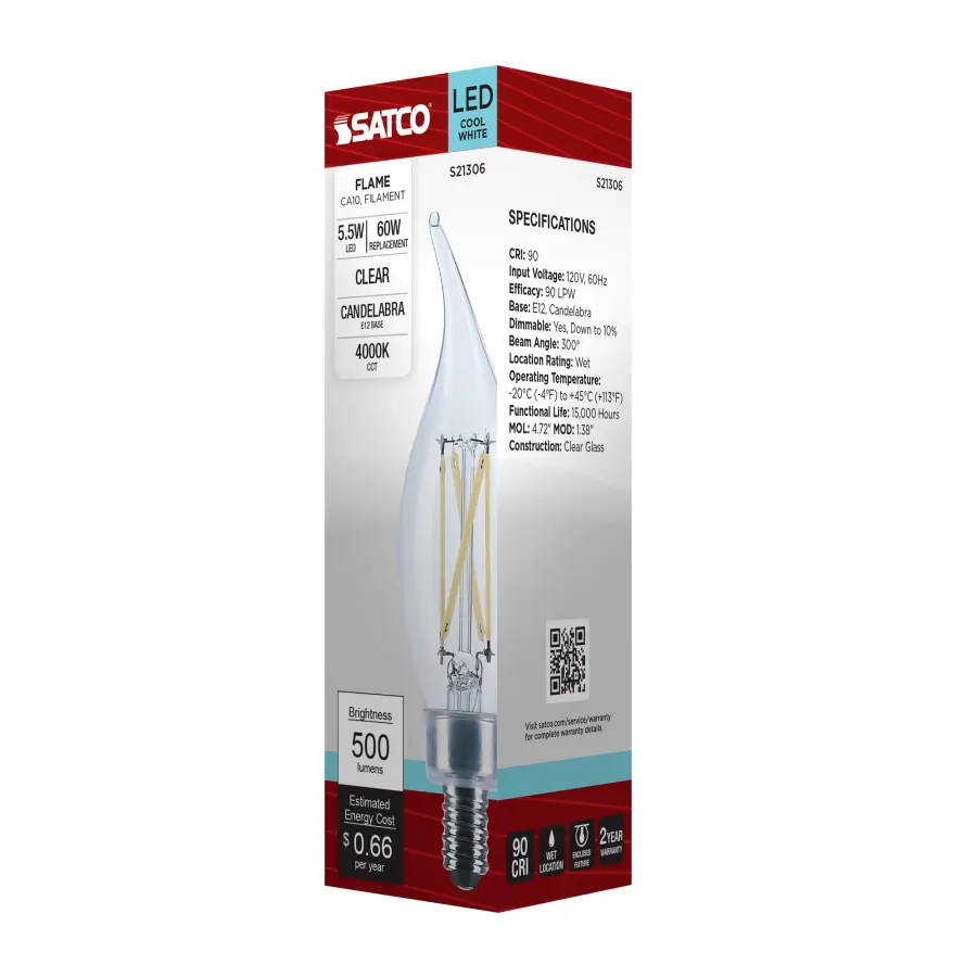 5.5 Watt CA10 LED Filament - Clear - Candelabra base - 90 CRI - 4000K - 120 Volt - Image 8