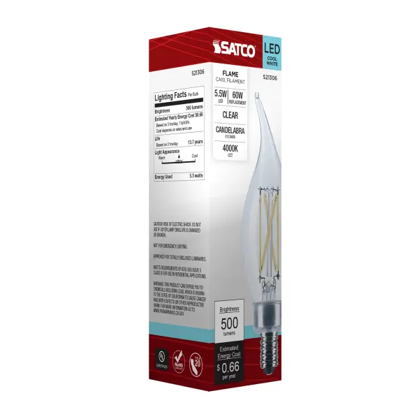 5.5 Watt CA10 LED Filament - Clear - Candelabra base - 90 CRI - 4000K - 120 Volt - Image 9