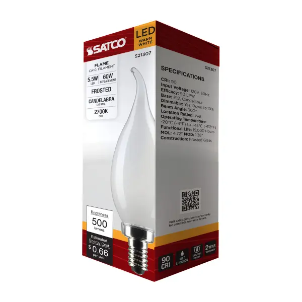 5.5 Watt CA10 LED Filament - Frost - Candelabra base - 90 CRI - 2700K - 120 Volt - Image 9