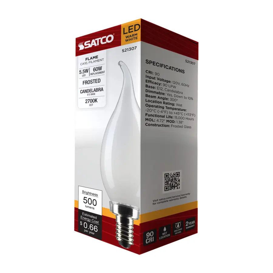 5.5 Watt CA10 LED Filament - Frost - Candelabra base - 90 CRI - 2700K - 120 Volt - Image 9