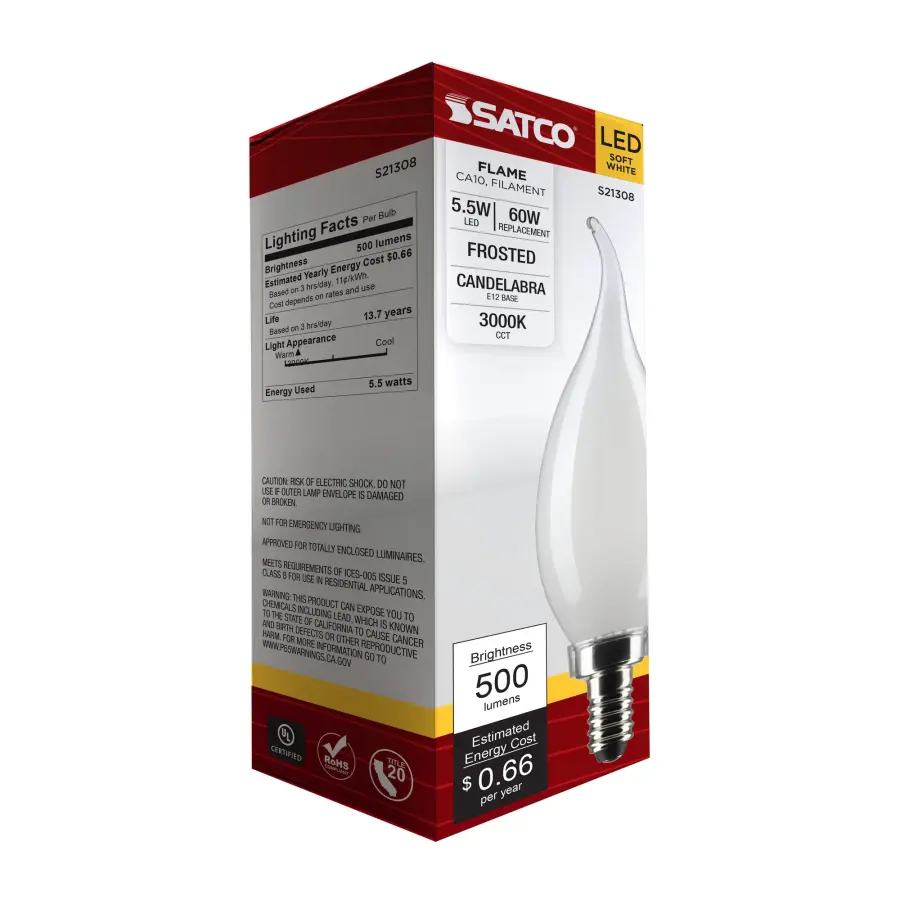 5.5 Watt CA10 LED Filament - Frost - Candelabra base - 90 CRI - 3000K - 120 Volt - Image 8
