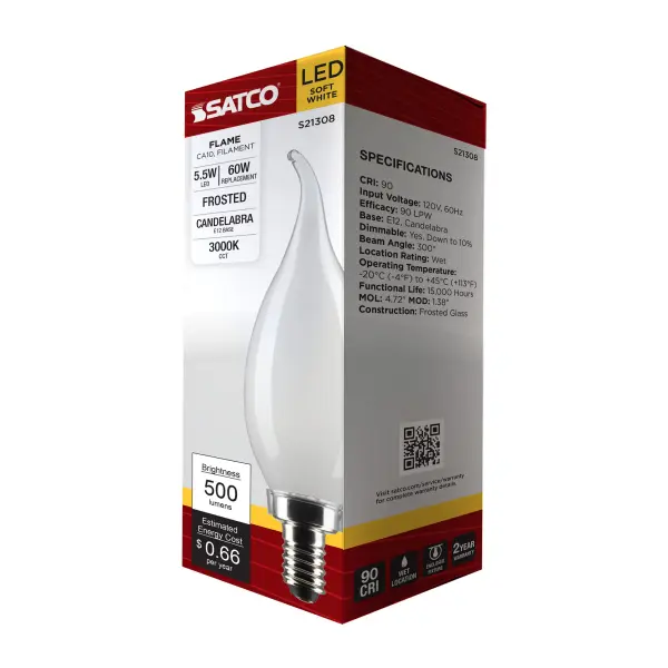 5.5 Watt CA10 LED Filament - Frost - Candelabra base - 90 CRI - 3000K - 120 Volt - Image 9