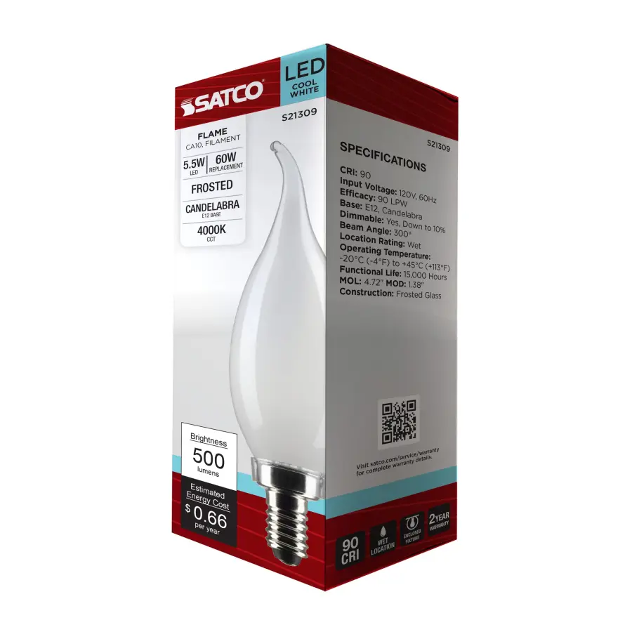 5.5 Watt CA10 LED Filament - Frost - Candelabra base - 90 CRI - 4000K - 120 Volt - Image 9