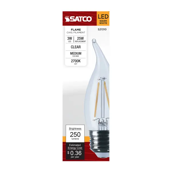 3 Watt CA10 LED Filament - Clear - Medium base - 90 CRI - 2700K - 120 Volt - Image 5