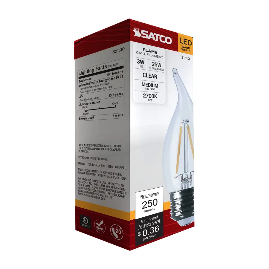 3 Watt CA10 LED Filament - Clear - Medium base - 90 CRI - 2700K - 120 Volt - Image 9