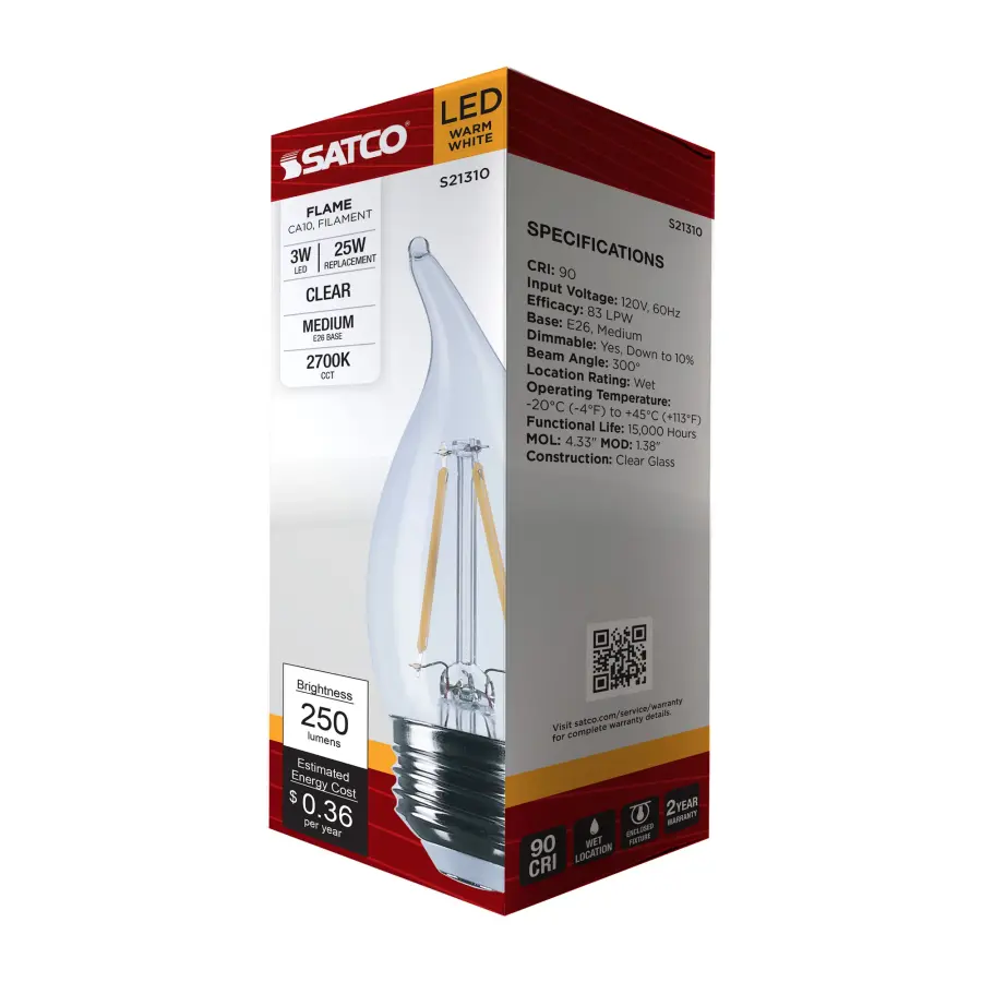 3 Watt CA10 LED Filament - Clear - Medium base - 90 CRI - 2700K - 120 Volt - Image 10