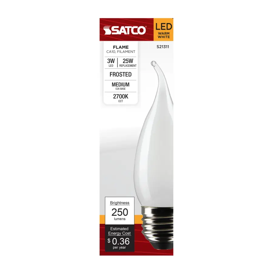 3 Watt CA10 LED Filament - Frost - Medium base - 90 CRI - 2700K - 120 Volt - Image 4