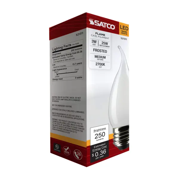 3 Watt CA10 LED Filament - Frost - Medium base - 90 CRI - 2700K - 120 Volt - Image 8