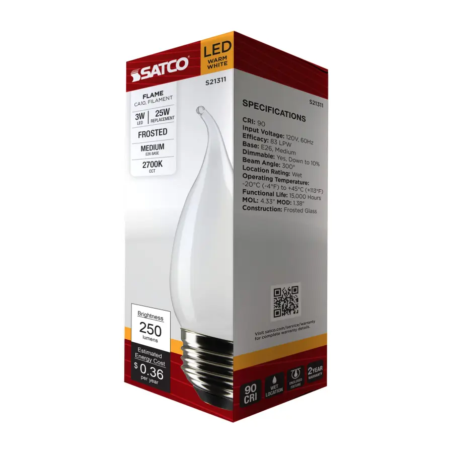 3 Watt CA10 LED Filament - Frost - Medium base - 90 CRI - 2700K - 120 Volt - Image 9