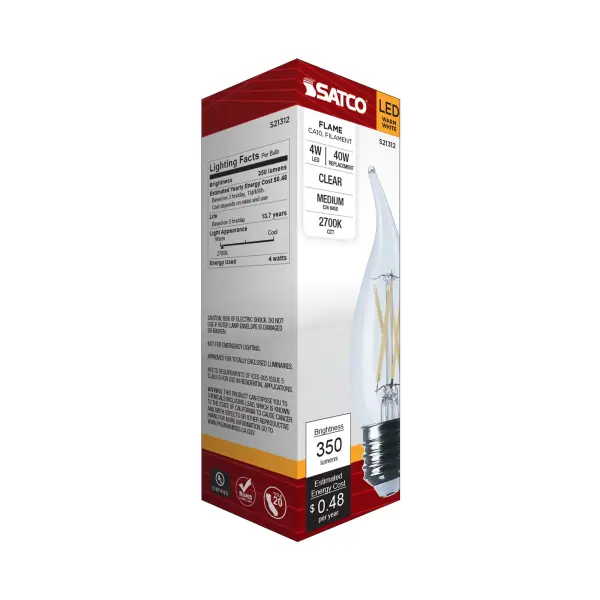 4 Watt CA10 LED Filament - Clear - Medium base - 90 CRI - 2700K - 120 Volt - Image 9