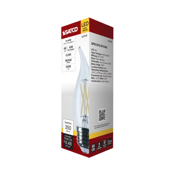 4 Watt CA10 LED Filament - Clear - Medium base - 90 CRI - 3000K - 120 Volt - Image 8
