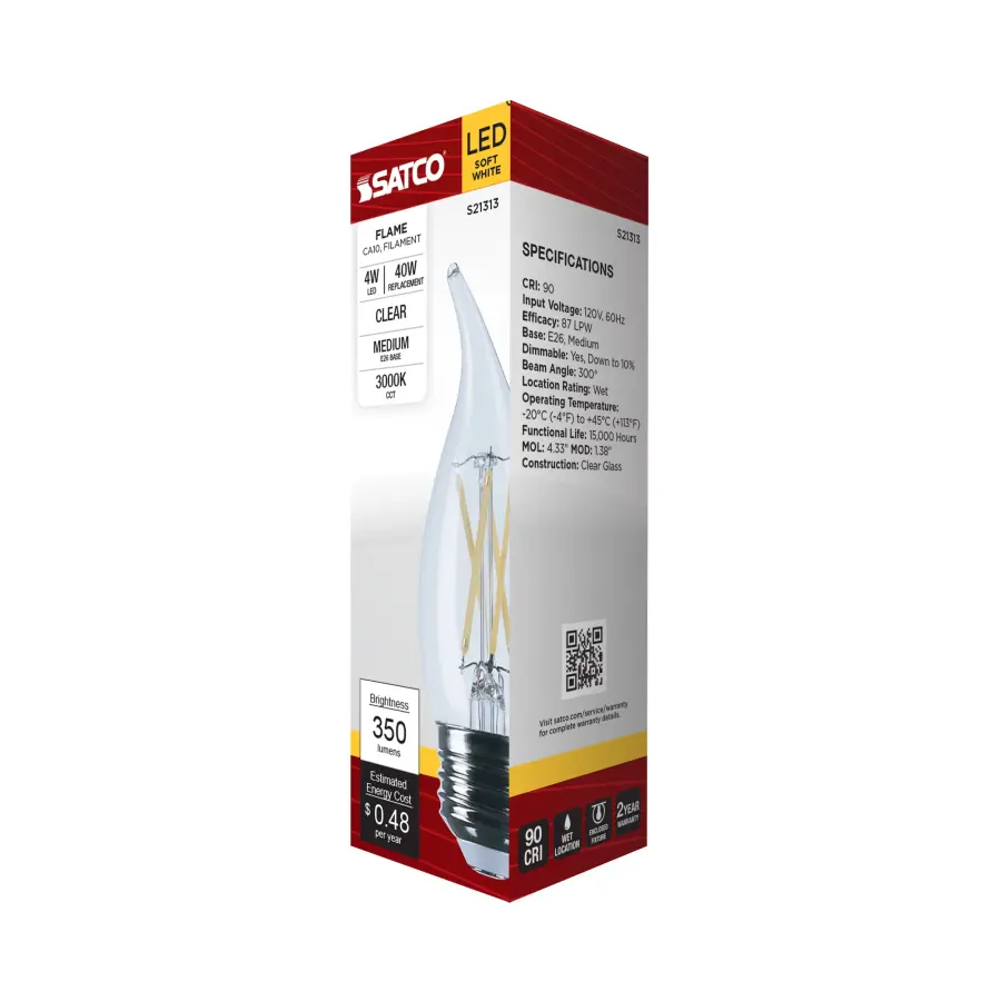 4 Watt CA10 LED Filament - Clear - Medium base - 90 CRI - 3000K - 120 Volt - Image 8
