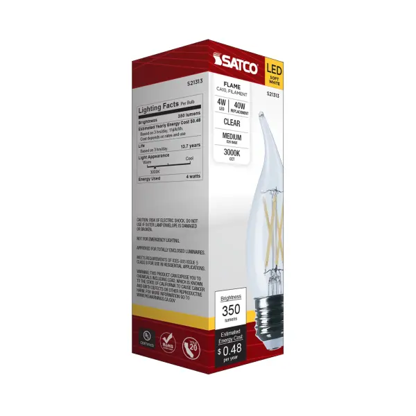 4 Watt CA10 LED Filament - Clear - Medium base - 90 CRI - 3000K - 120 Volt - Image 9