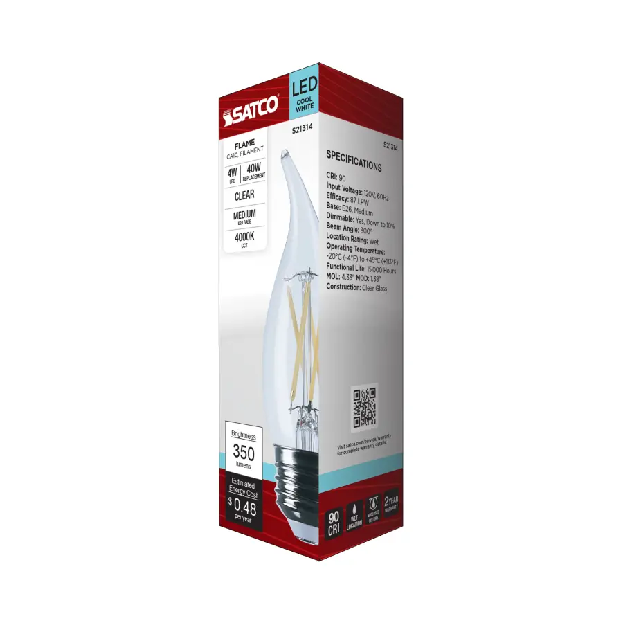 4 Watt CA10 LED Filament - Clear - Medium base - 90 CRI - 4000K - 120 Volt - Image 8