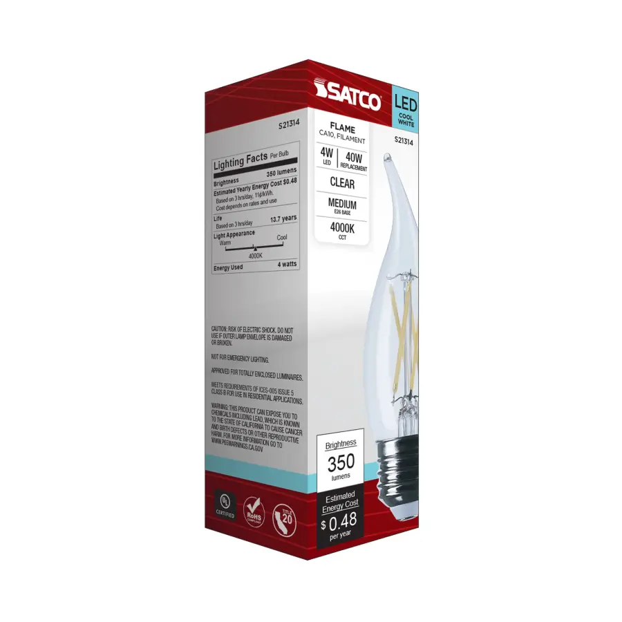 4 Watt CA10 LED Filament - Clear - Medium base - 90 CRI - 4000K - 120 Volt - Image 9