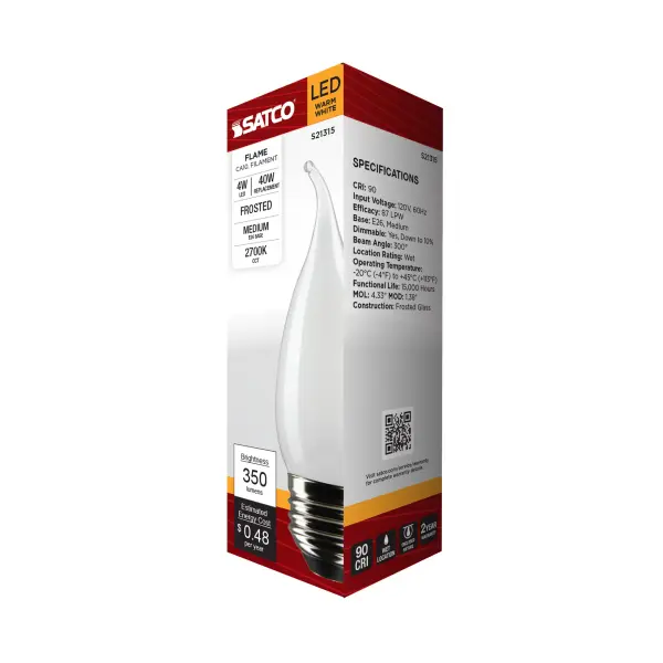 4 Watt CA10 LED Filament - Frost - Medium base - 90 CRI - 2700K - 120 Volt - Image 9