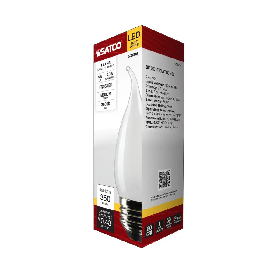 4 Watt CA10 LED Filament - Frost - Medium base - 90 CRI - 3000K - 120 Volt - Image 9