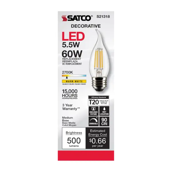 5.5 Watt CA10 LED Filament - Clear - Medium base - 90 CRI - 2700K - 120 Volt - Image 4