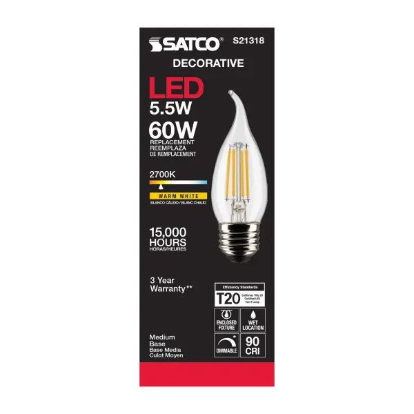 5.5 Watt CA10 LED Filament - Clear - Medium base - 90 CRI - 2700K - 120 Volt - Image 5