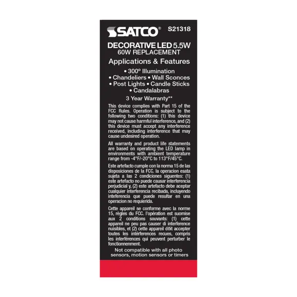 5.5 Watt CA10 LED Filament - Clear - Medium base - 90 CRI - 2700K - 120 Volt - Image 7