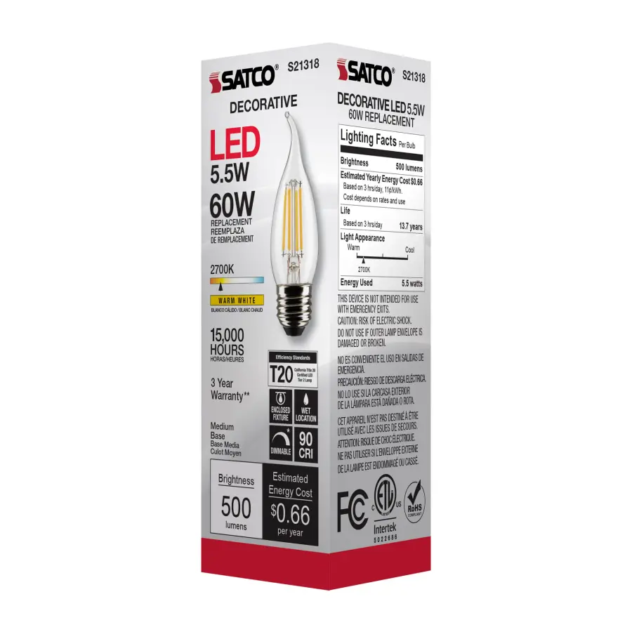5.5 Watt CA10 LED Filament - Clear - Medium base - 90 CRI - 2700K - 120 Volt - Image 8