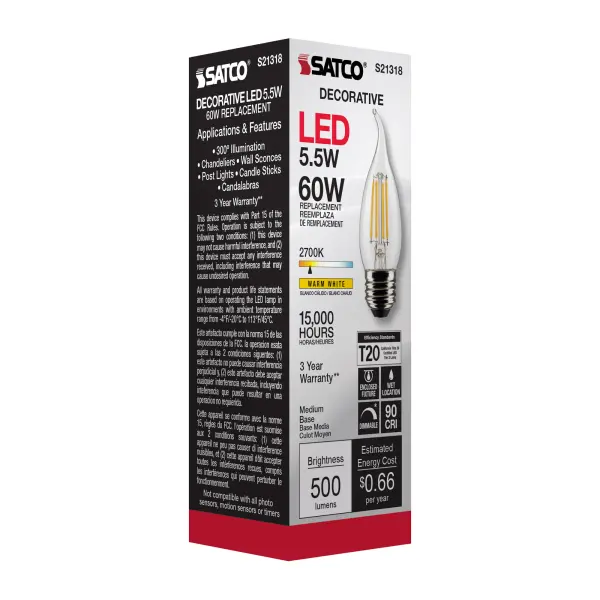 5.5 Watt CA10 LED Filament - Clear - Medium base - 90 CRI - 2700K - 120 Volt - Image 9