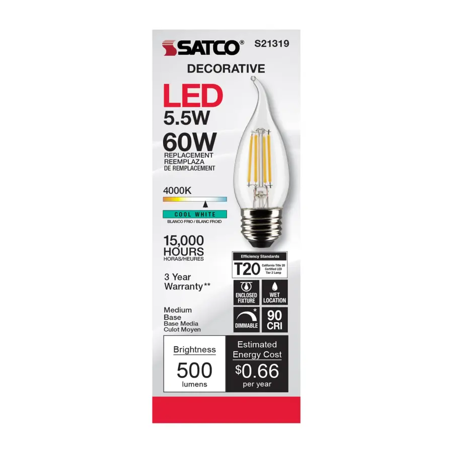 5.5 Watt CA10 LED Filament - Clear - Medium base - 90 CRI - 4000K - 120 Volt - Image 4