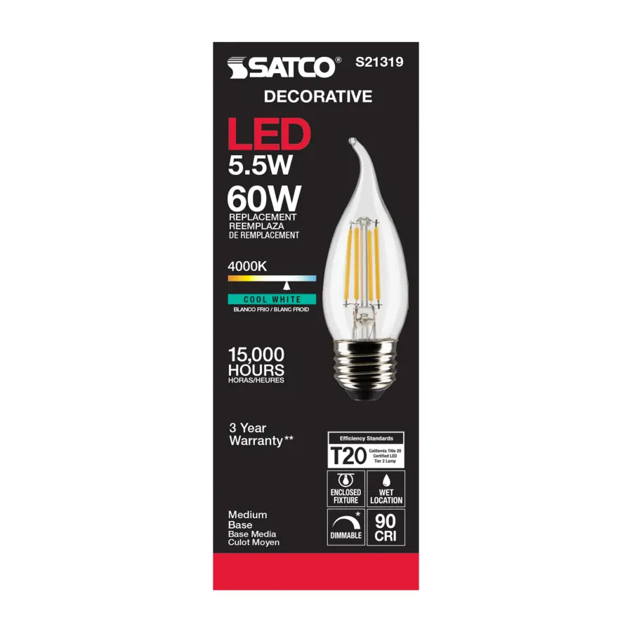 5.5 Watt CA10 LED Filament - Clear - Medium base - 90 CRI - 4000K - 120 Volt - Image 5