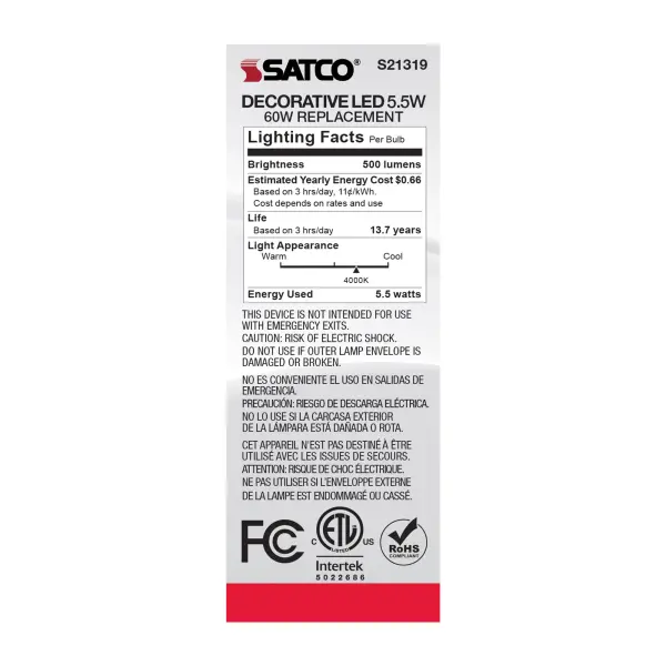 5.5 Watt CA10 LED Filament - Clear - Medium base - 90 CRI - 4000K - 120 Volt - Image 6